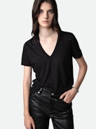 T-shirt Wassa - Women’s black T-shirt with diamanté embellishment.