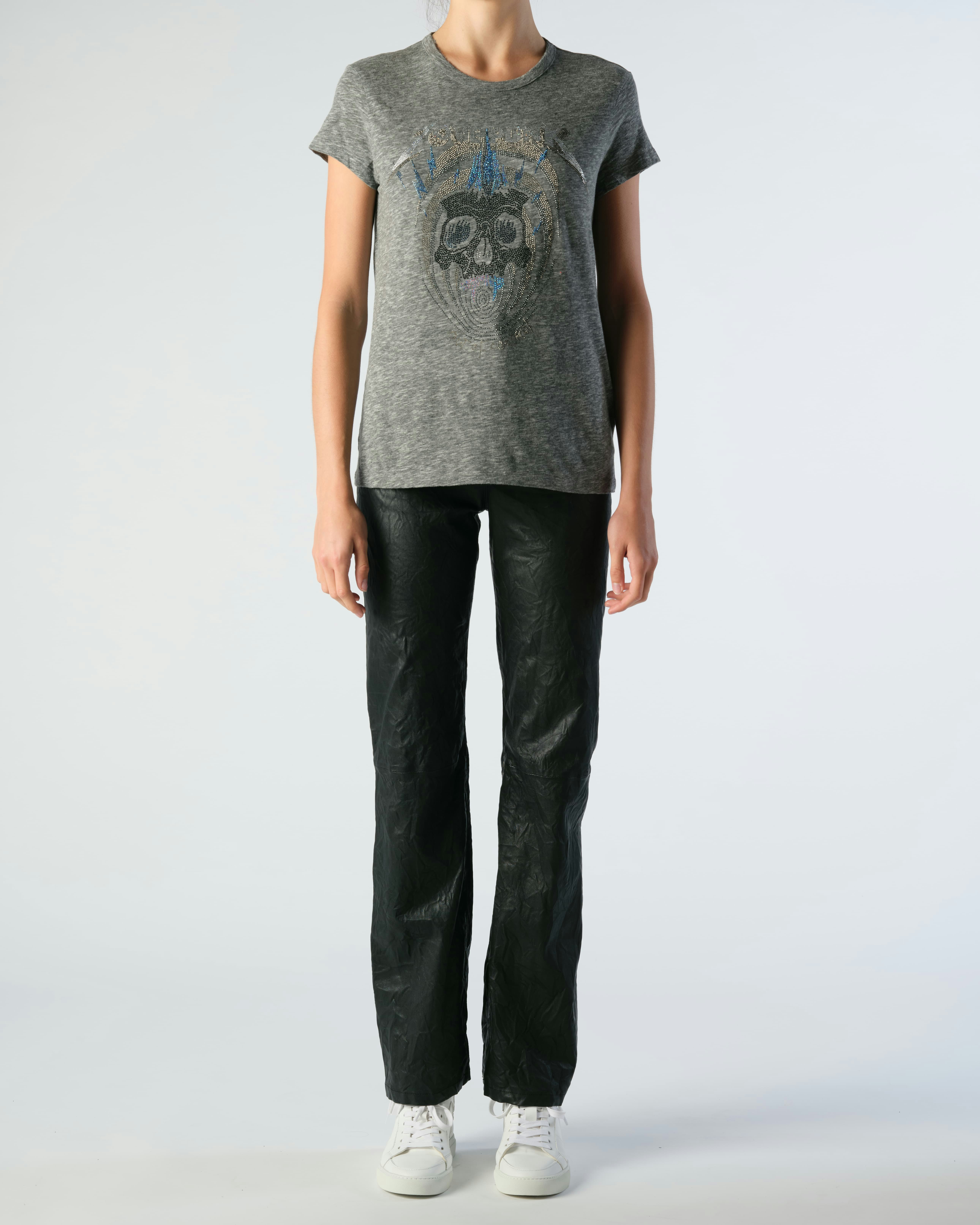 Walk Punk Diamanté T-shirt - Women's grey t-shirt with diamanté skull and "LOVE PUNK" embellishment on front.