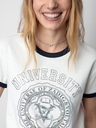T-shirt Walk - T-shirt en coton blanc à manches courtes, motif University à strass et bords contrastés.