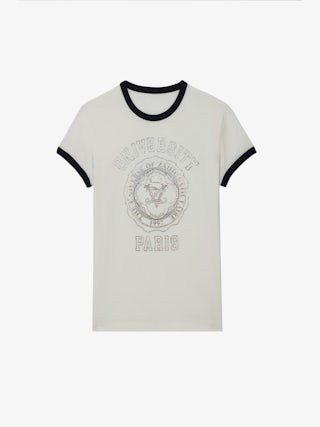 T-shirt Walk - T-shirt en coton blanc à manches courtes, motif University à strass et bords contrastés.