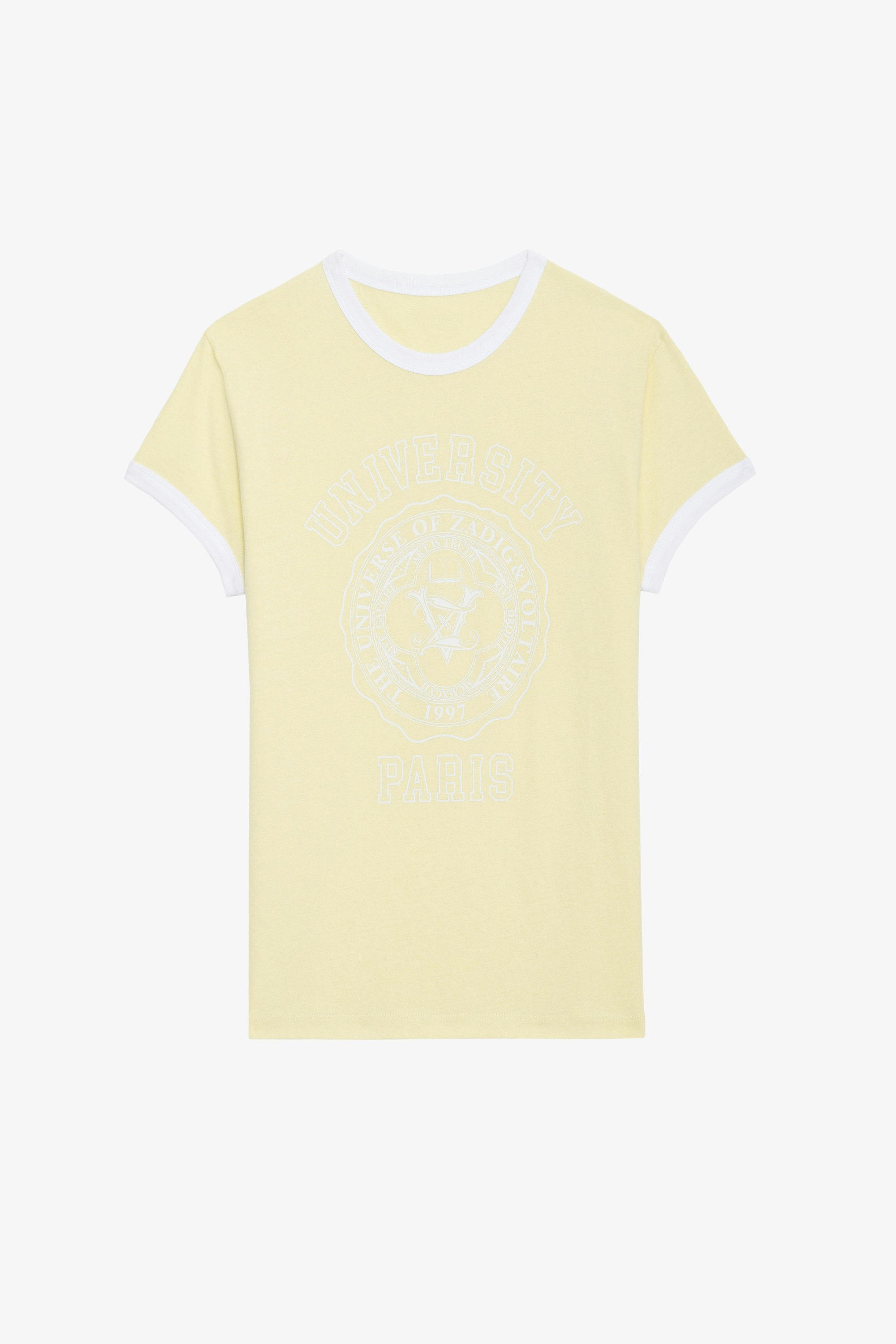 Camiseta Walk University - Camiseta de algodón en color amarillo claro con mangas cortas, con motivo universitario y bordes de contraste.