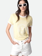 T-shirt Walk - Camiseta de algodón en color amarillo claro con mangas cortas, con motivo universitario y bordes de contraste.