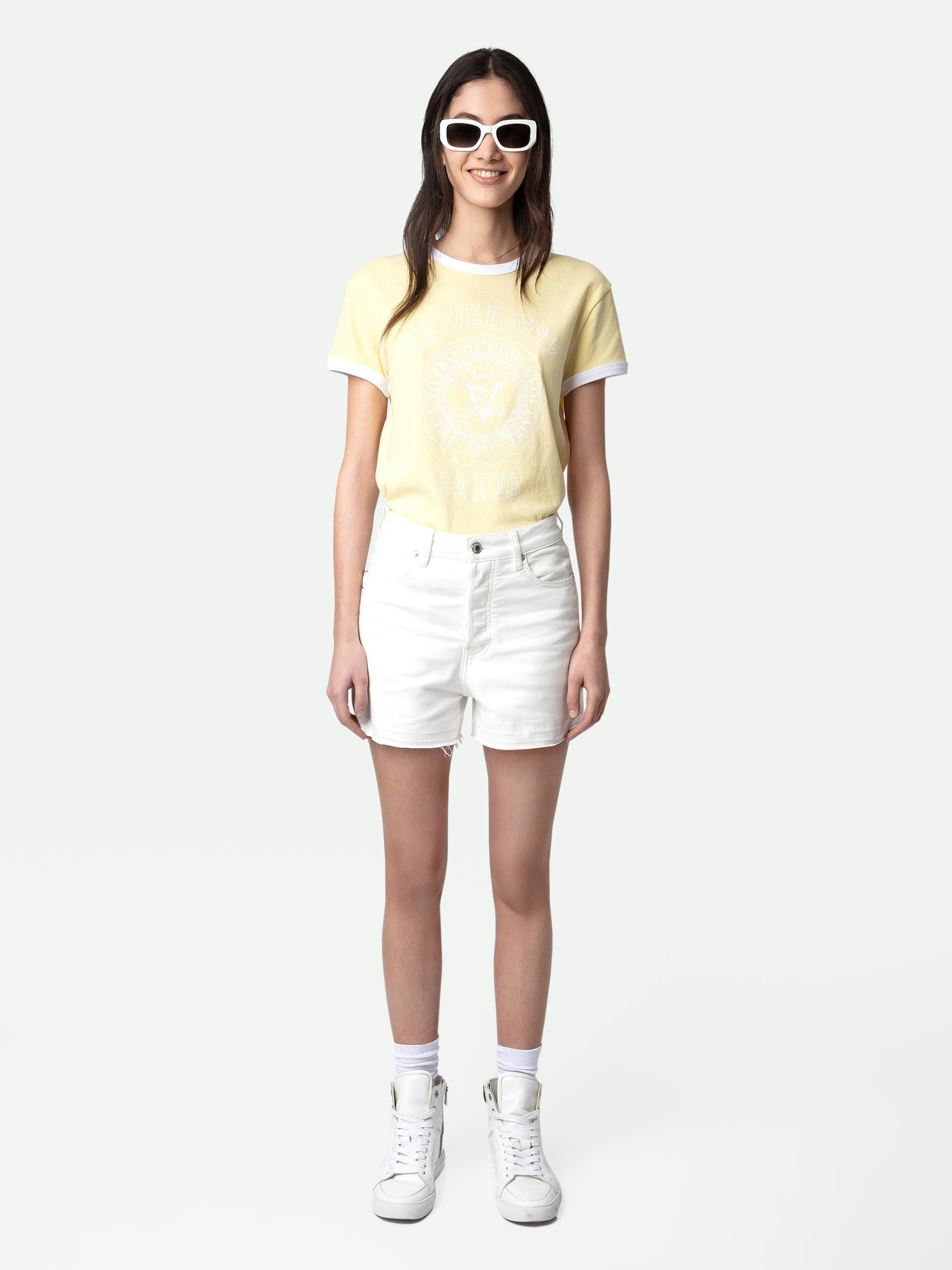 Walk University T-shirt - Light yellow cotton T-shirt with short sleeves, University motif and contrasting trim.