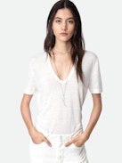 T-shirt Wassa 100% Linen - White organic linen T-shirt with V neckline and short sleeves.