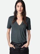 Camiseta Wassa 100% Lino - Camiseta de lino ecológico en color gris oscuro con cuello en V y mangas cortas.