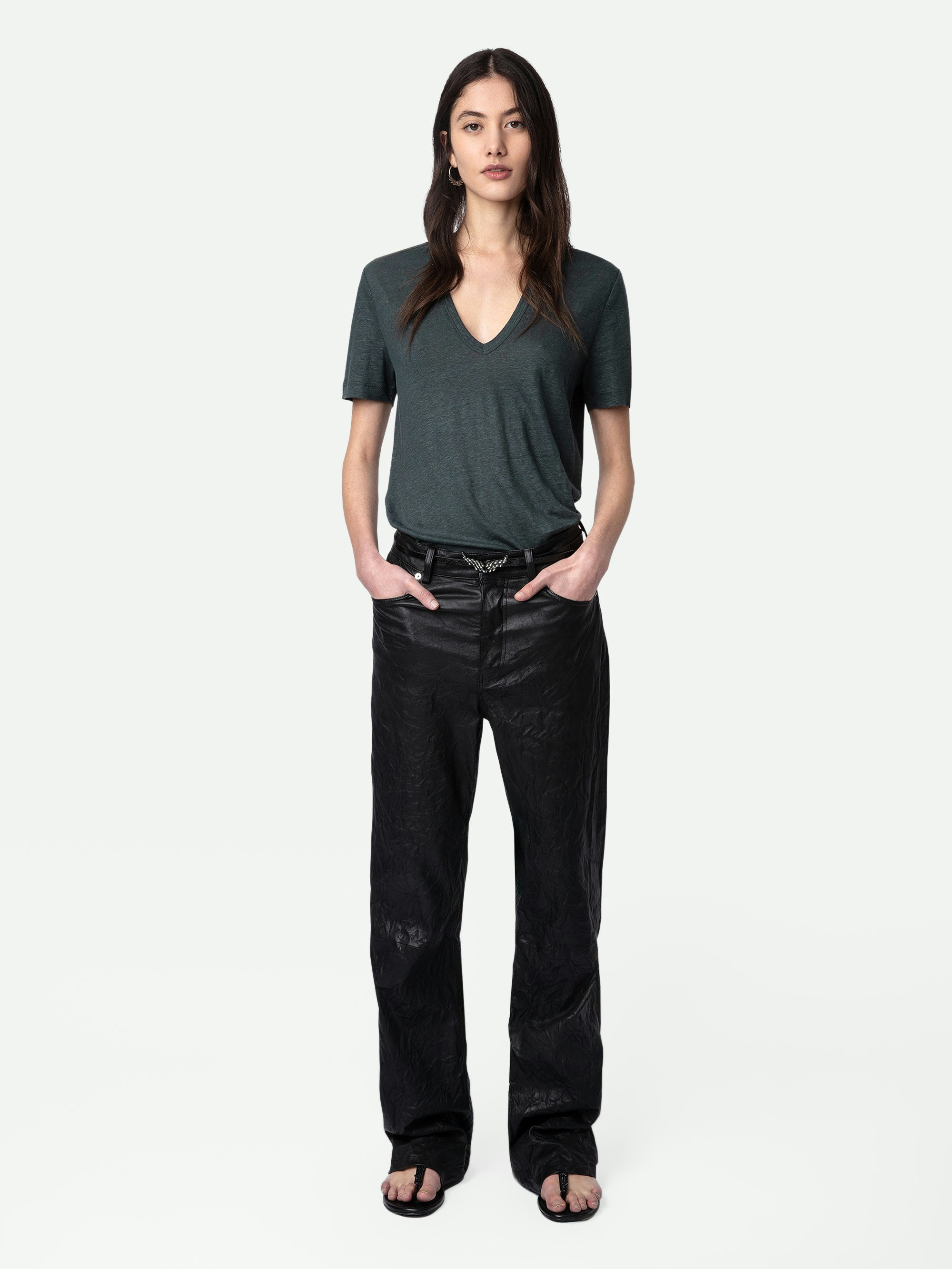 Wassa Linen T-shirt - Dark grey organic linen T-shirt with V neckline and short sleeves.