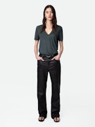 Camiseta Wassa 100% Lino - Camiseta de lino ecológico en color gris oscuro con cuello en V y mangas cortas.
