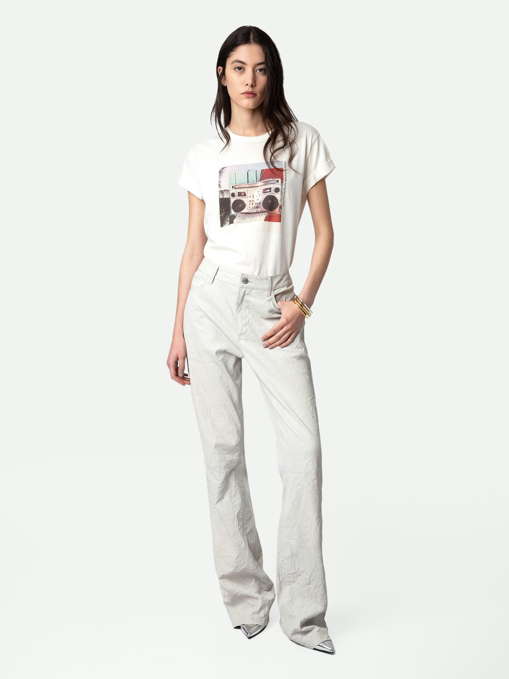 T-Shirt Anya Fotoprint - Weißes Kurzarm-T-Shirt aus Baumwolle mit Ghettoblaster-Fotoprint.