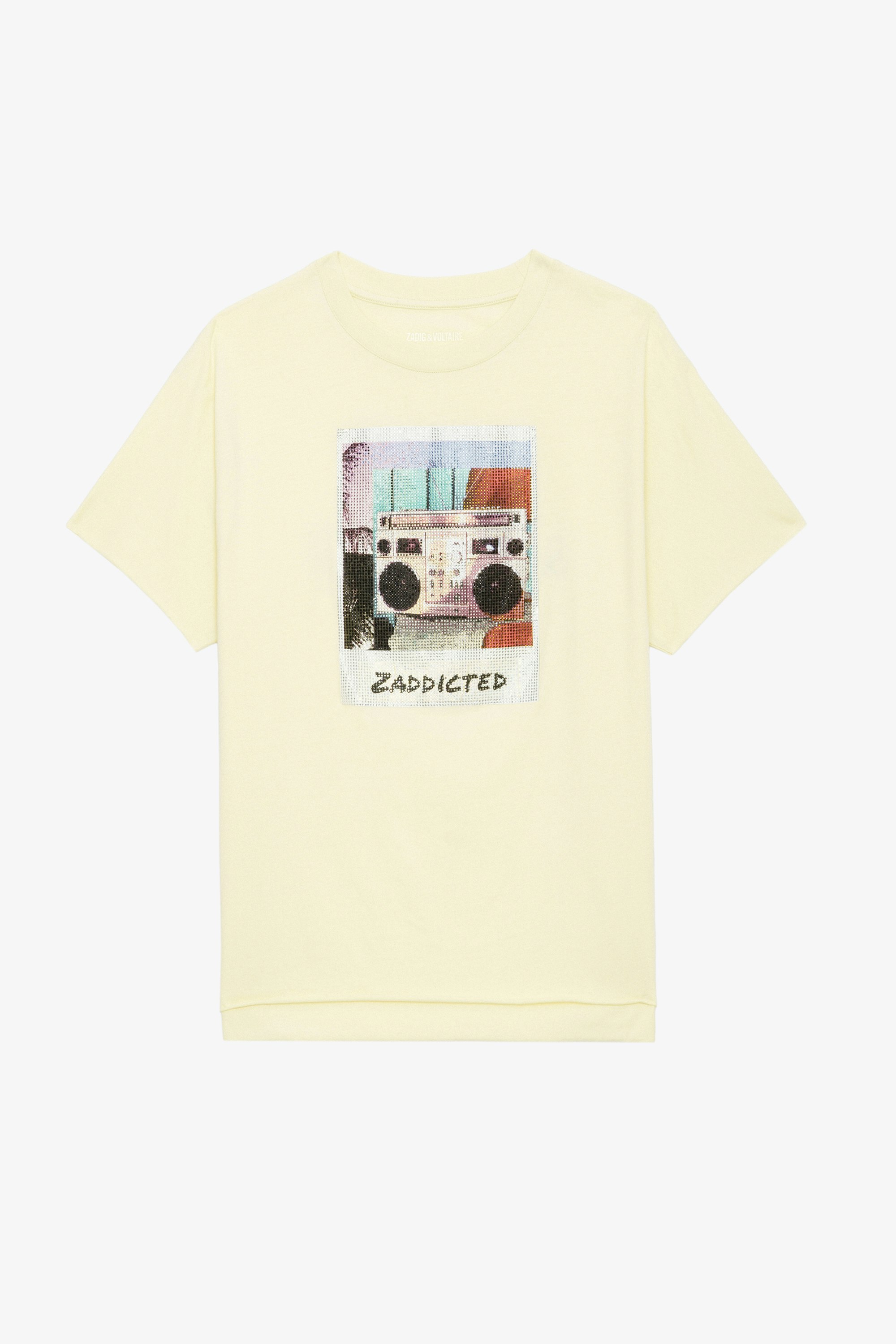 Camiseta Tommer Estampado Fotográfico Strass - Camiseta de algodón en color amarillo claro con mangas cortas y estampado fotográfico Ghetto Blaster con strass.