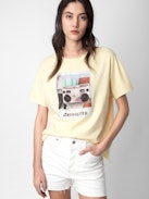 T-shirt Tommer - Light yellow cotton short-sleeved T-shirt with diamanté Ghetto Blaster photoprint.