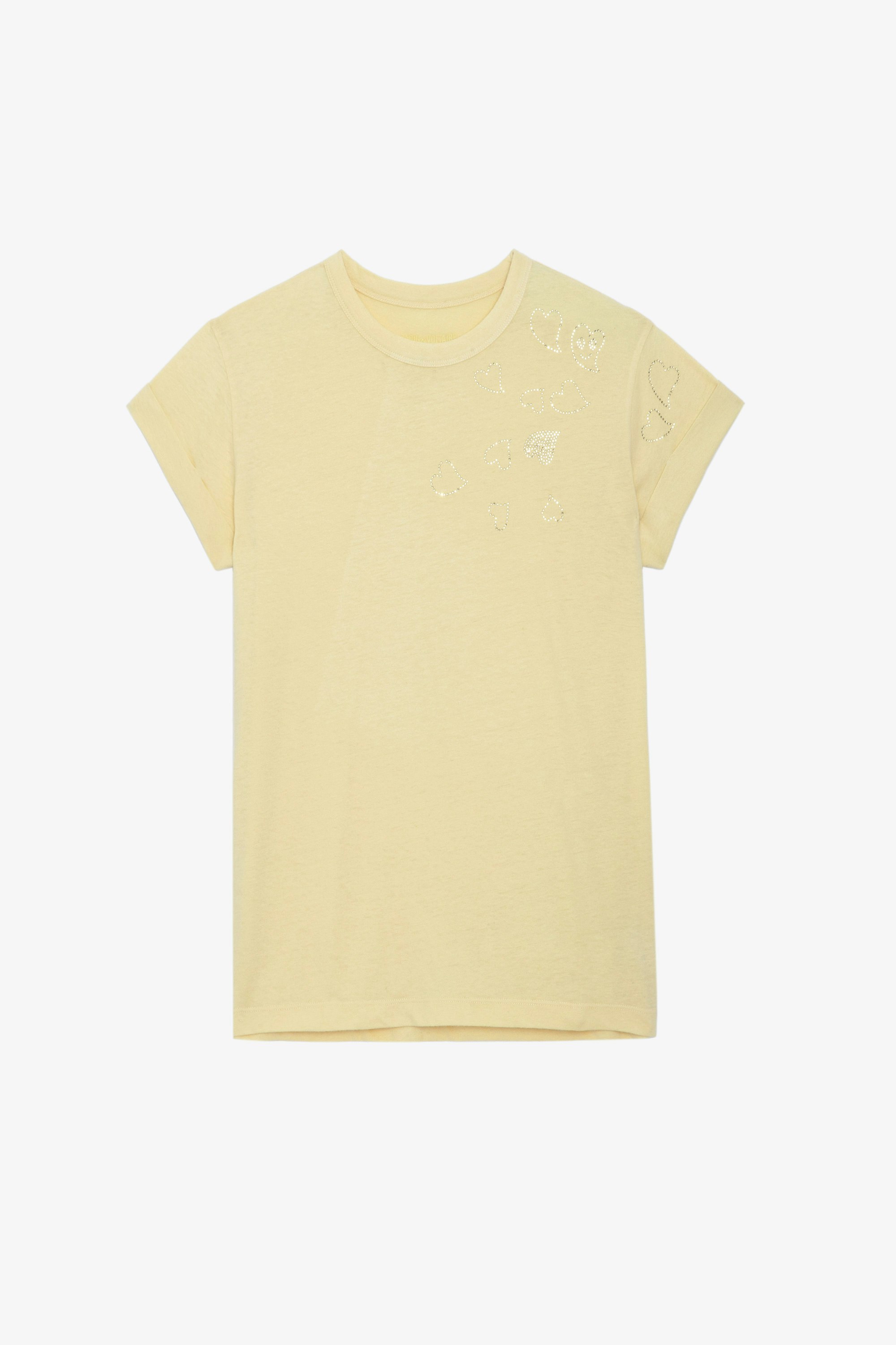 T-shirt Anya Strass - T-shirt jaune clair à col rond, manches courtes et strass cœurs.
