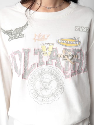 T-shirt Noane - T-shirt à manches longues inspiration biker en coton écru à motifs badges Voltaire et rembourré aux coudes.