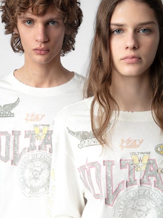 T-shirt Noane - T-shirt à manches longues inspiration biker en coton écru à motifs badges Voltaire et rembourré aux coudes.