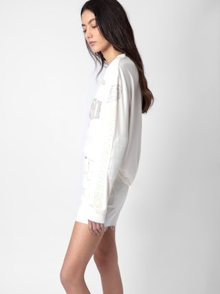 T-shirt Noane - T-shirt à manches longues inspiration biker en coton écru à motifs badges Voltaire et rembourré aux coudes.