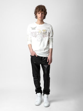 T-shirt Noane - T-shirt à manches longues inspiration biker en coton écru à motifs badges Voltaire et rembourré aux coudes.