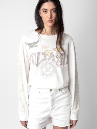 T-shirt Noane - T-shirt à manches longues inspiration biker en coton écru à motifs badges Voltaire et rembourré aux coudes.