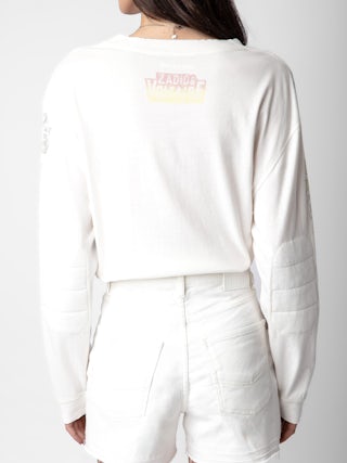 T-shirt Noane - T-shirt à manches longues inspiration biker en coton écru à motifs badges Voltaire et rembourré aux coudes.