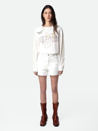 T-shirt Noane - T-shirt à manches longues inspiration biker en coton écru à motifs badges Voltaire et rembourré aux coudes.