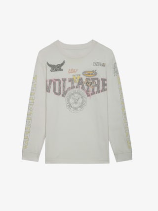 T-shirt Noane - T-shirt à manches longues inspiration biker en coton écru à motifs badges Voltaire et rembourré aux coudes.