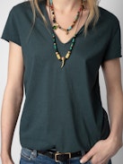 Story Fishnet T-shirt - Dark grey organic cotton short-sleeved T-shirt with “Peace Love” wings embroidery on the back.