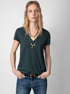 Story Fishnet T-shirt - Dark grey organic cotton short-sleeved T-shirt with “Peace Love” wings embroidery on the back.
