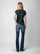 Story Fishnet T-shirt - Dark grey organic cotton short-sleeved T-shirt with “Peace Love” wings embroidery on the back.