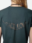 Story Fishnet T-shirt - Dark grey organic cotton short-sleeved T-shirt with “Peace Love” wings embroidery on the back.