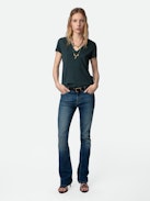 Story Fishnet T-shirt - Dark grey organic cotton short-sleeved T-shirt with “Peace Love” wings embroidery on the back.