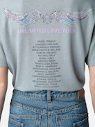 T-shirt Marta Concert Strass - T-shirt grigia a maniche corte con motivi Concert, teschio e ali in strass.