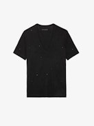 T-shirt Wassa - T-shirt nera con collo a V, maniche corte e strass.