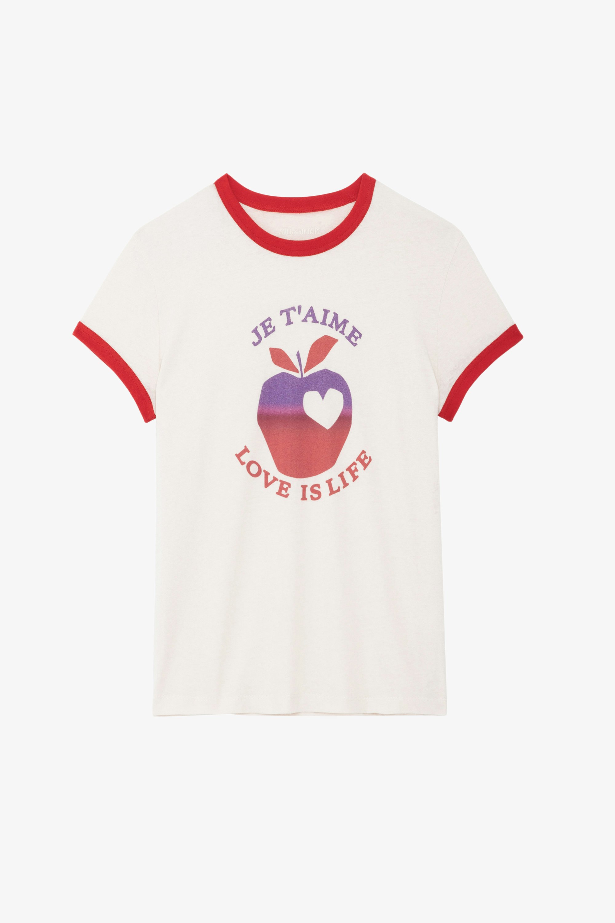 T-shirt Walk Love Is Life - T-shirt rose clair à col rond, manches courtes, motifs et bords contrastés.