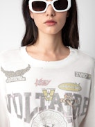 Iona Voltaire Diamanté T-shirt - White cotton biker-style cropped T-shirt with long sleeves and diamanté Voltaire badge motifs.