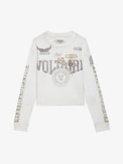 Iona Voltaire Diamanté T-shirt - White cotton biker-style cropped T-shirt with long sleeves and diamanté Voltaire badge motifs.
