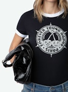 Walk Diamante Insignia T-shirt - Short-sleeved black organic cotton T-shirt with insignia and cherry prints embellished with diamante on the front.