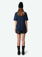 Bow Voltaire T-shirt - Blue organic cotton T-shirt with vintage effect, short sleeves and "Voltaire 25" flock embellished with diamanté.