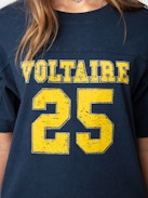 Bow Voltaire T-shirt - Blue organic cotton T-shirt with vintage effect, short sleeves and "Voltaire 25" flock embellished with diamanté.
