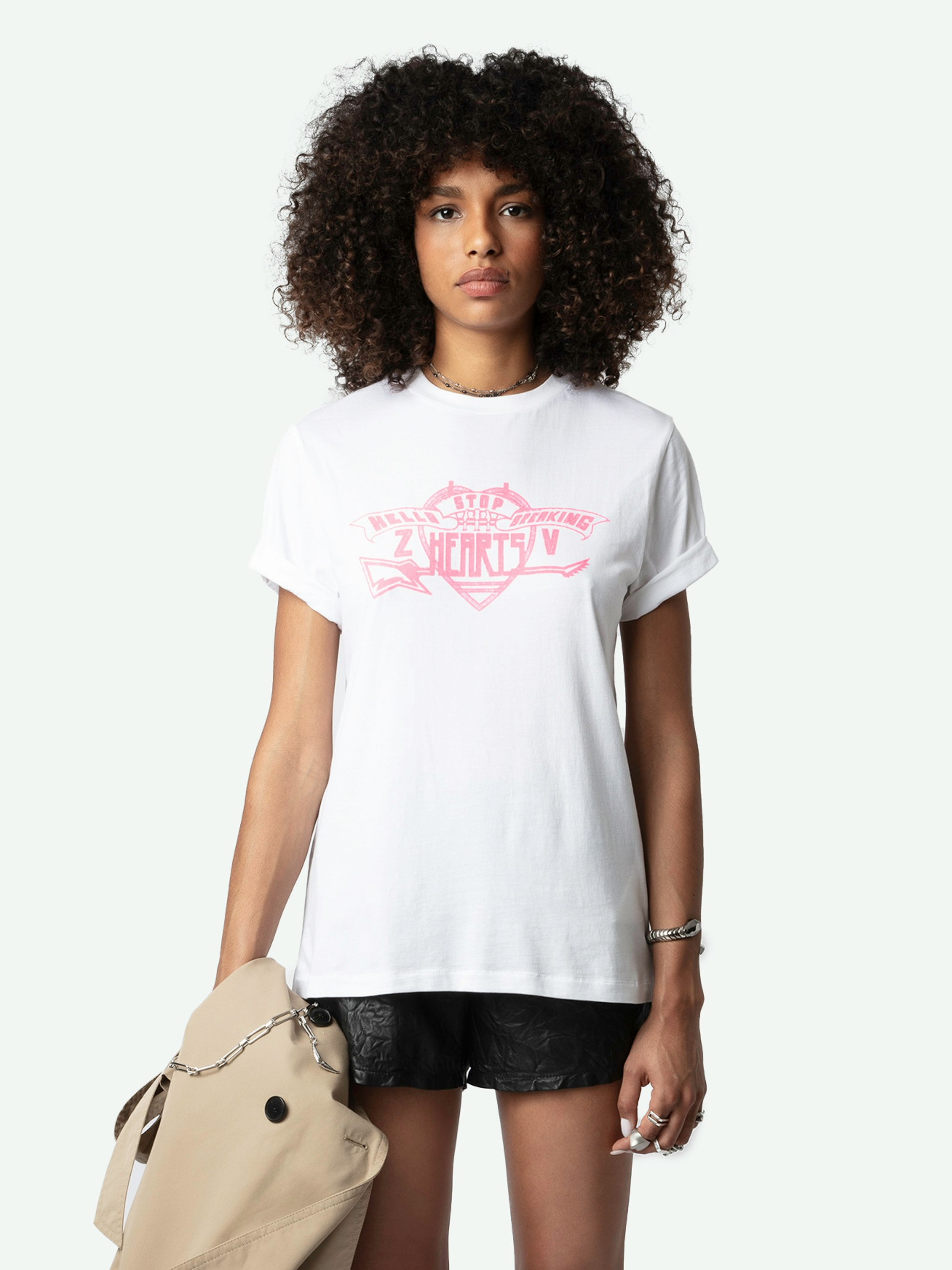 Edwin Hearts T-shirt - Short-sleeved, oversized white organic cotton T-shirt with "Hello Stop Breaking Hearts" flocked on front.
