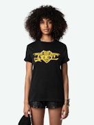 Edwin Hearts T-shirt - Short-sleeved, oversized black organic cotton T-shirt with "Hello Stop Breaking Hearts" flocked on front.