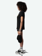 Edwin Hearts T-shirt - Short-sleeved, oversized black organic cotton T-shirt with "Hello Stop Breaking Hearts" flocked on front.