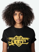Edwin Hearts T-shirt - Short-sleeved, oversized black organic cotton T-shirt with "Hello Stop Breaking Hearts" flocked on front.