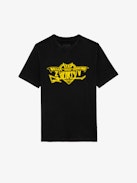 Edwin Hearts T-shirt - Short-sleeved, oversized black organic cotton T-shirt with "Hello Stop Breaking Hearts" flocked on front.