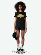 Edwin Hearts T-shirt - Short-sleeved, oversized black organic cotton T-shirt with "Hello Stop Breaking Hearts" flocked on front.