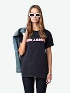 Edwin Mon Amour T-shirt - Short-sleeved navy blue organic cotton T-shirt with distressed "Mon Amour" patch print on front.