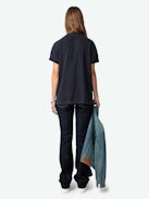 Edwin Mon Amour T-shirt - Short-sleeved navy blue organic cotton T-shirt with distressed "Mon Amour" patch print on front.