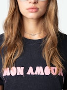 Edwin Mon Amour T-shirt - Short-sleeved navy blue organic cotton T-shirt with distressed "Mon Amour" patch print on front.
