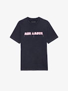 Edwin Mon Amour T-shirt - Short-sleeved navy blue organic cotton T-shirt with distressed "Mon Amour" patch print on front.
