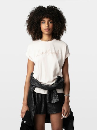 Tommer Love - Short-sleeved t-shirt with flocked "Love Yourself" message adorned with rhinestones.