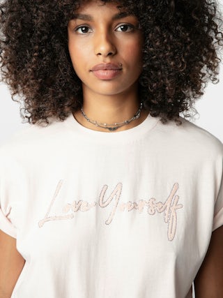 Tommer Love - Short-sleeved t-shirt with flocked "Love Yourself" message adorned with rhinestones.