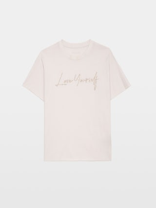 Tommer Love - Short-sleeved t-shirt with flocked "Love Yourself" message adorned with rhinestones.