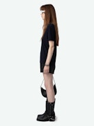 Wassa Diamante Amour T-shirt - Short-sleeved baggy navy blue T-shirt with flocked diamante ‘L'Amour & All The Feelings’ message on the back.
